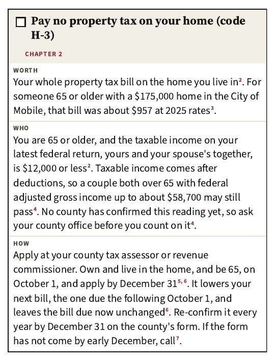 Phone edition page: Pay no property tax on your home (code H-3), with what it is worth, who qualifies and how to apply