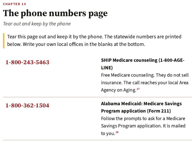 Chapter 10, the phone numbers page: statewide numbers for Medicare counseling, Medicare Savings Program applications and the Department of Senior Services